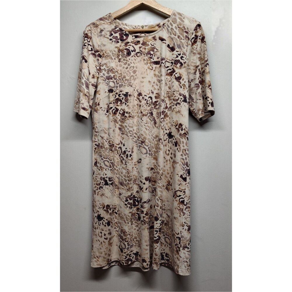Spense Mini Dress Women 14 Tan Leopard Animal Print Short Sleeve Mob Wife Retro